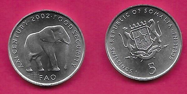 Somalia 5 Shilling/scellini 2002 Unc Elephant,crowned Arms With Supporters