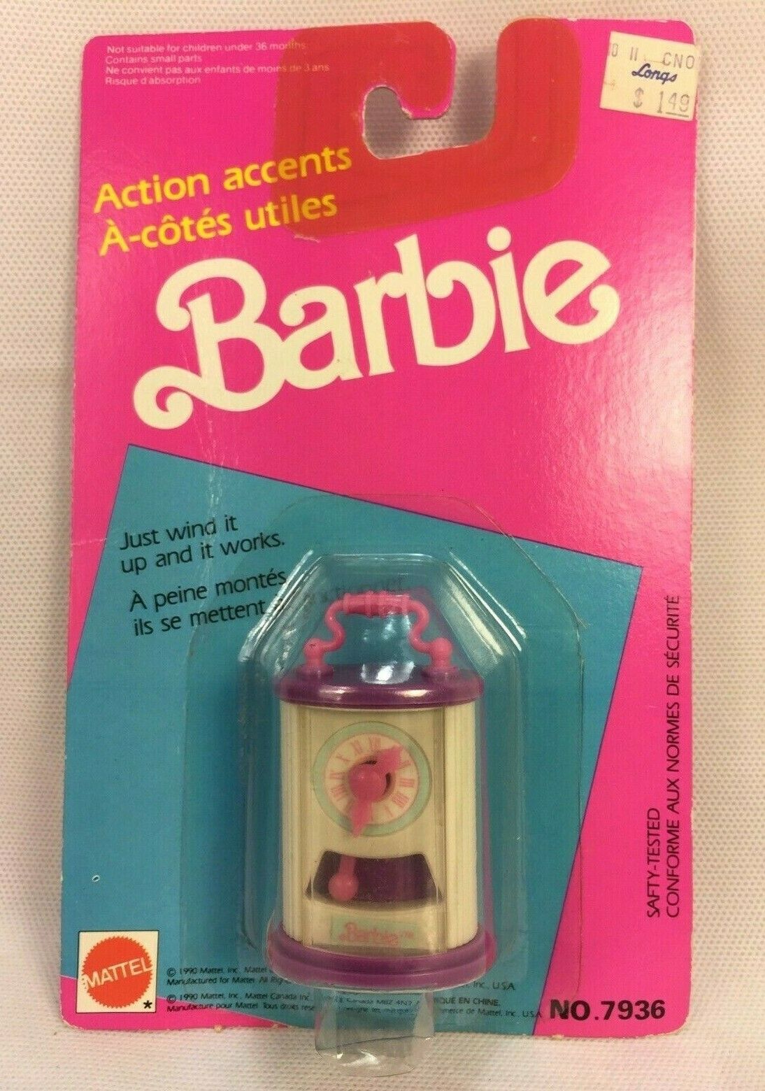 Barbie Wind Up Mantle Clock Dollhouse Vintage 1990 Mattel #7936 Action Accents