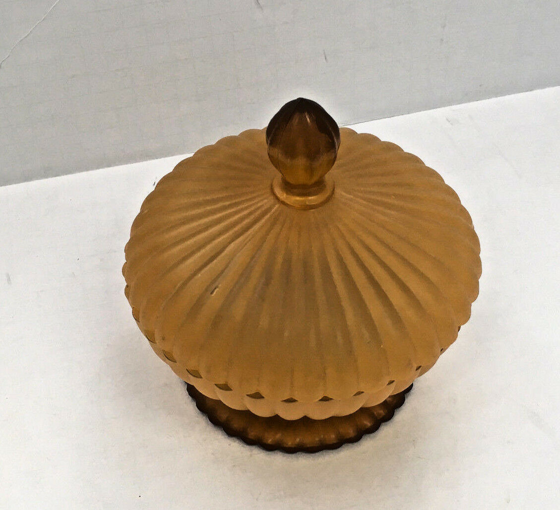 Vintage  Retro 1970's  Frosted Amber Glass  Large Candy Dish With Lid Home Decor