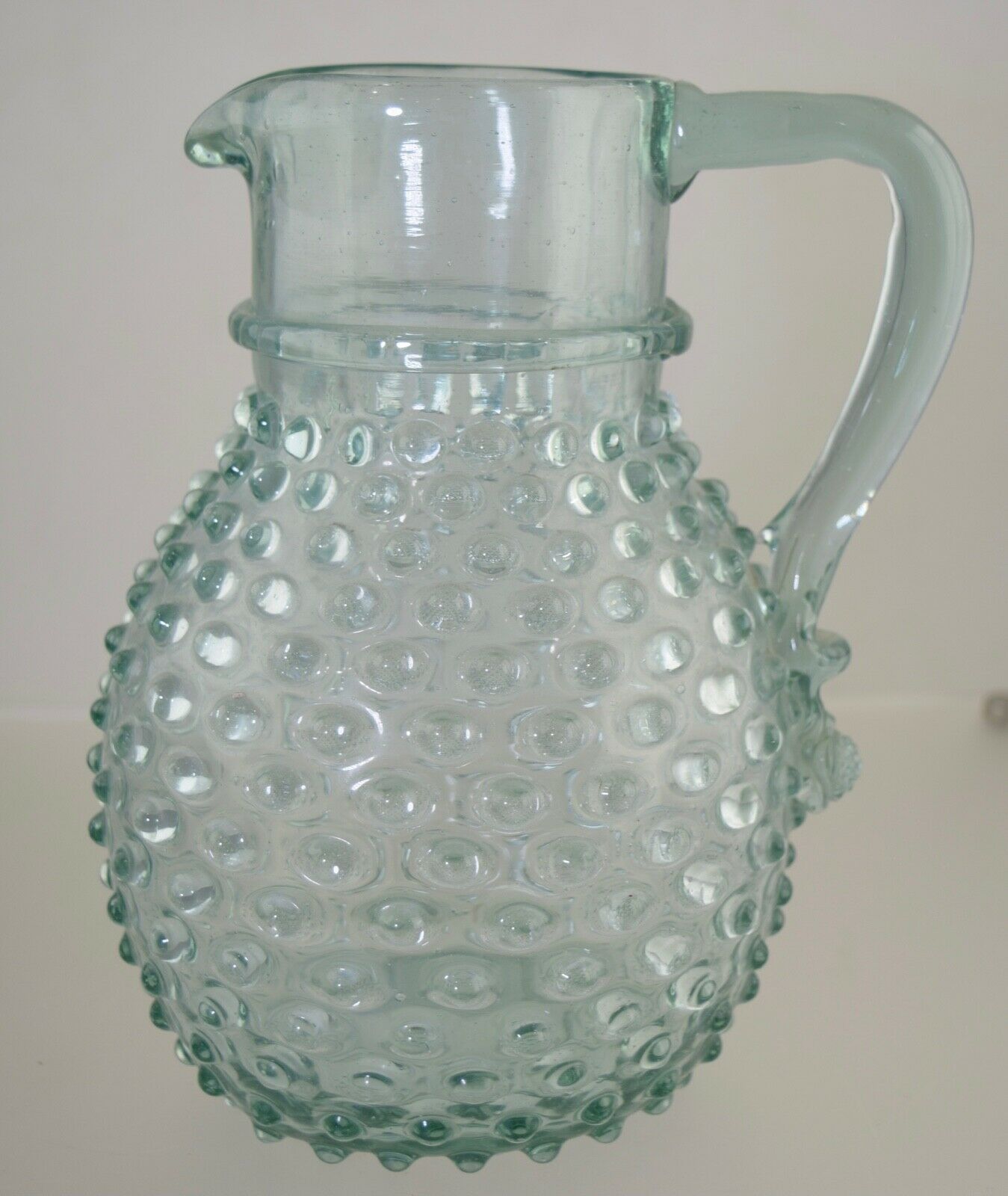 Vintage Hobnail Aqua Glass Mold Blown Pitcher Applied Handle Pontil 8 1/4"