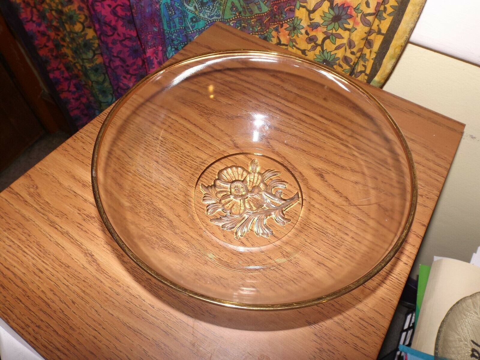 Vintage 9.5" Gold Rimmed W/floral Bottom Clear Glass Serving Bowl