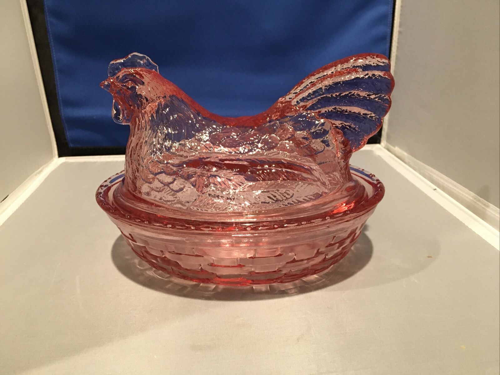 Longaberger Pottery Pink Glass Hen(on Nest Basket) Candy Dish